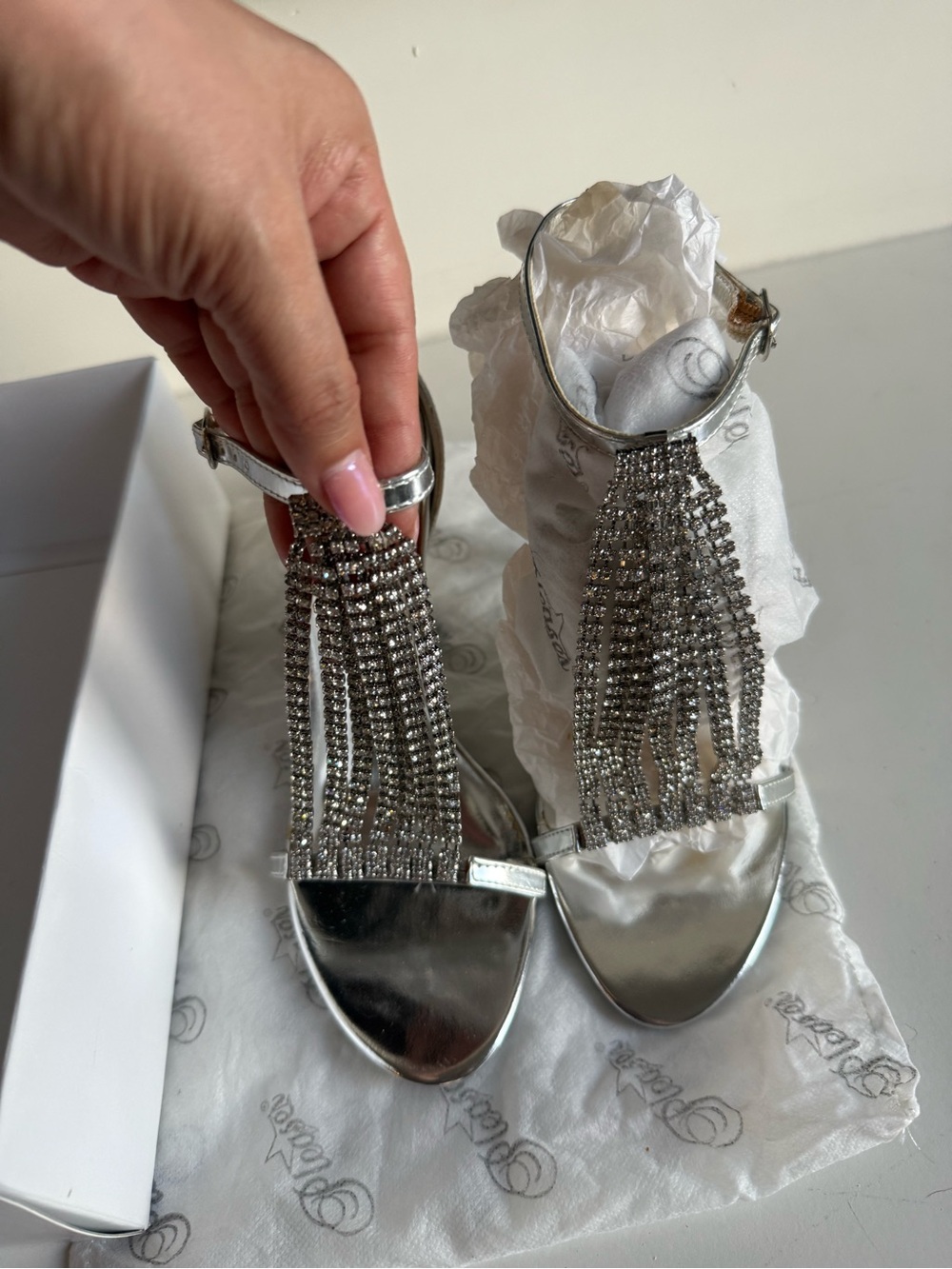 Pleaser Silver Rhinestone Fringe Ankle-Strap Sandals w/ 3.5-inch heel- Women
